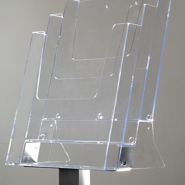 Bodenprospeckständer Silber Acrylhalterung mit 3 Fächern DIN A4 Frontansicht