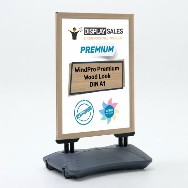 Kundenstopper WindPro® Premium wasserfest DIN A1 – Holzoptik, grauer Fuß